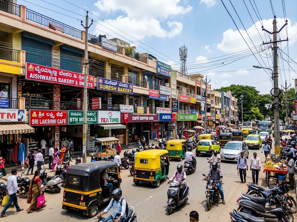 BTM 1st Stage residential and commercial area street view Bangalore
