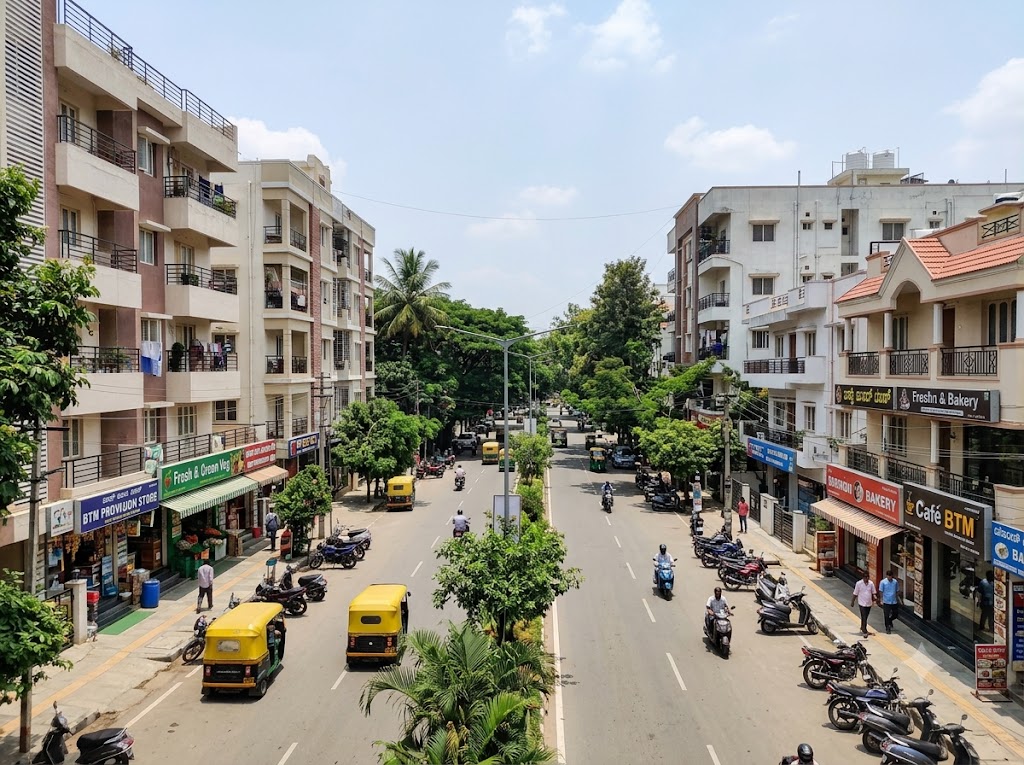 BTM 3rd Stage street scene with commercial buildings and roads Bangalore