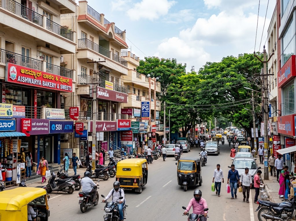 BTM Layout street view showing main road commercial buildings in Bangalore