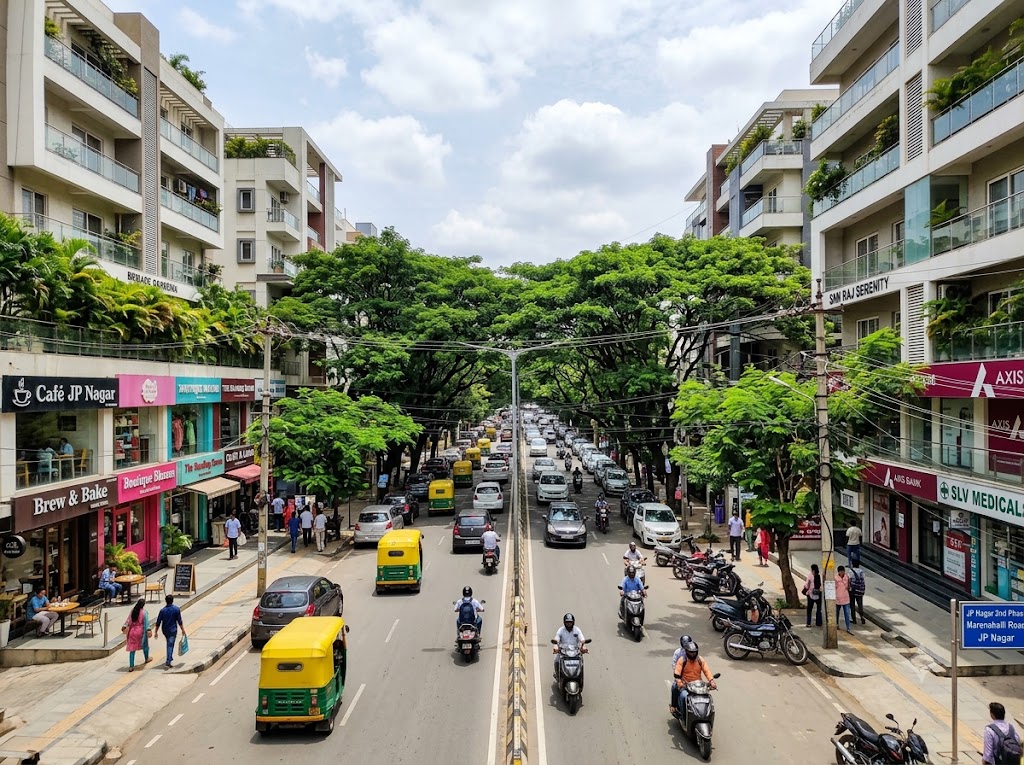 JP Nagar commercial boulevard and residential neighborhood street view Bangalore