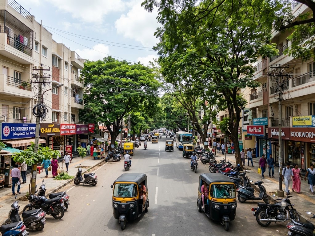 Jayanagar 4th Block complex junction and street view Bangalore