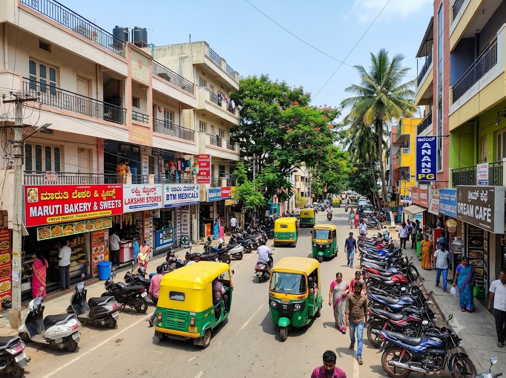 Maruti Nagar street view of commercial locality in BTM Bangalore