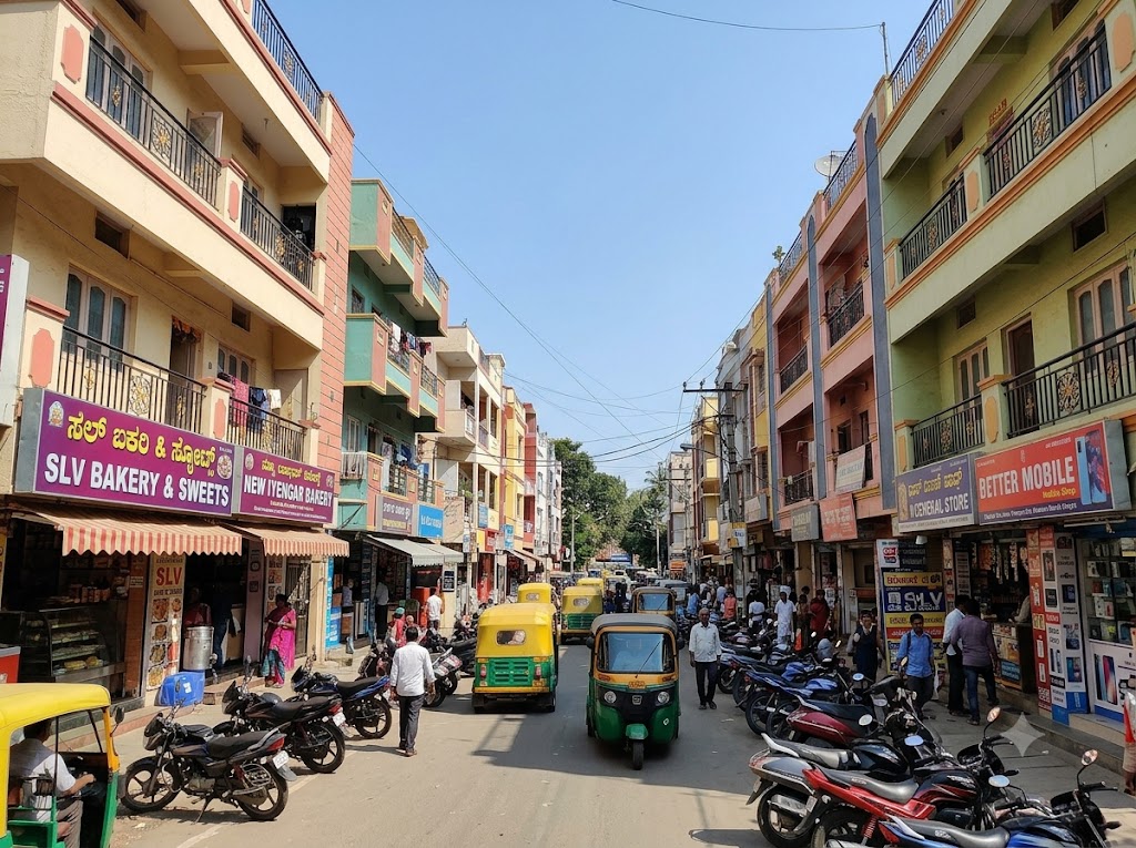 Tilak Nagar main road shopping area and buildings in Bangalore